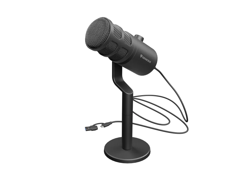 Microfon Genesis Radium 350D, tip Dynamic, model cardioid, suport fix, conectivitate USB-C, raspuns in frecventa 60 - 14.000 Hz, sensibilitate 48 dB, lungime cablu 250 cm, negru