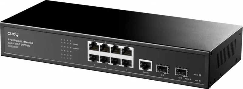 CUDY Switch Managed 8-Port Layer 2 10/100/1000M, 8x porturi Gigabit Ethernet + 2x porturi Gigabit SFP + 1 port management, backplane bandwidth 20Gbps, suporta dial-up VLAN, extensie 250 metri, functie Layer 2 network management, suport routare, DHCP,