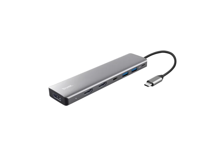 Adaptor Trust Dalyx 7-in-1, 2 porturi interfata USB-A 3.2 gen 1, 1 port USB-C, 2 porturi HDMI, 1 display port, 1 charging port USB-C 100W, led indicator oprit/pornit, lungime cablu 16cm, gri