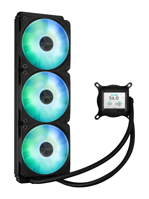 Cooler Procesor ASUS PRIME LC 360 LCD ARGB NEGRU, marime radiator 360mm, 3 ventilatoare ARGB, Viteza ventilatoare 2200 RPM +/- 10%, Suport AMD: AM4, AM5, suport INTEL: LGA 1851/115x/1200/1700, Airflow: 75.7 CFM, Nivel de zgomot ventilatoare: 37.6dBA