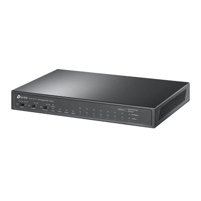 8-Port 10/100Mbps + 3-Port Gigabit Desktop Switch with 8-Port PoE+ PORT: 8× 10/100 Mbps PoE+ Ports, 2× Gigabit Non-PoE Ports, 1× Gigabit SFP Slots SPEC: 802.3at/af, 65 W PoE Power, Desktop Steel Case FEATURE: Extend Mode for 250m PoE Transmitting,