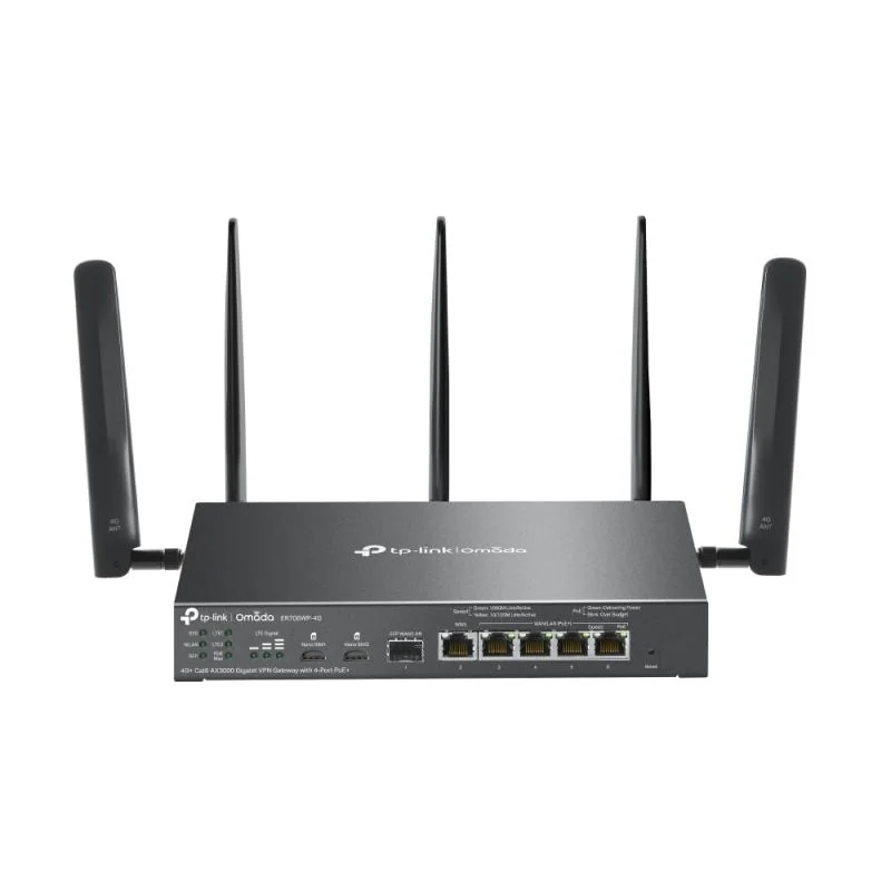 Omada 4G+ Cat6 AX3000 Gigabit VPN Gateway with 4-Port PoE+ PORT: 1× Gigabit SFP WAN/LAN Port, 1× Gigabit RJ45 WAN Port, 4× Gigabit WAN/LAN RJ45 Ports, 2 Nano SIM slot (4G+ Cat6) SPEC: 802.3 at/af, 4 Ports with 45W PoE Power, Desktop & Wall-mount Steel