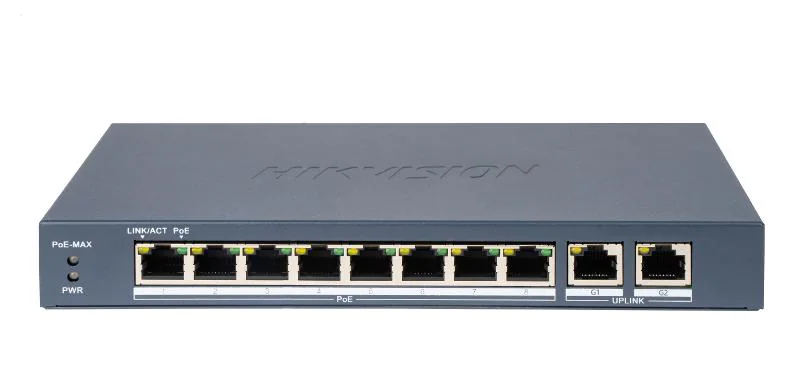 Switch PoE Hikvision DS-3E0310P-E/M(B): 8 × 10/100 Mbps PoE port, and 2 × Gigabit RJ45 port, PoE standard: IEEE 802.3af;IEEE 802.3at, 8 porturi PoE maxim 30W, buget PoE 80W, tensiune alimentare: 54VDC, 1.2A, dimensiuni: 217.60 mm × 27.60 mm × 108.50 mm,