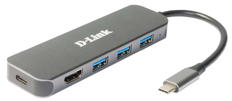 D-Link DUB-2333 5-in-1 USB-C Hub with HDMI and power delivery, 1* USB-C connector, 1* HDMI Port, 3* USB Type- APort (USB 3.0), 1* USB-C powerdelivery.