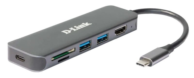 D-Link DUB-2327 6-in-1 USB-C Hub with HDMI, SD/microSD card reader and power delivery, 1* USB-C connector, 1* HDMI Port, 2* USB Type- APort (USB 3.0), 1* SD card slot, 1* microSD card slot, 1* USB-C powerdelivery.