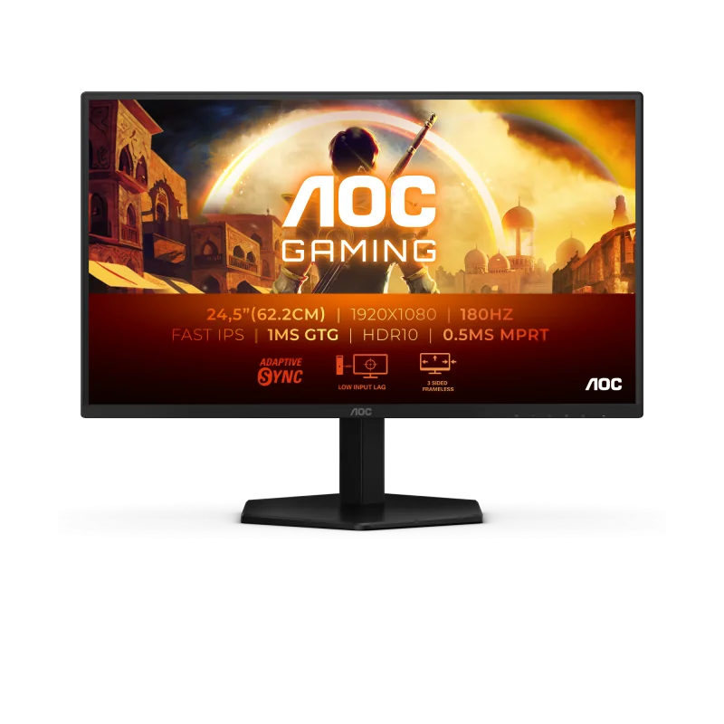 Monitor AOC 24.5" 25G42E, Diagonal (inch): 24.5, Diagonal (cm): 62, Aspect ratio: 16:9, Panel: IPS, Resolution: 1920x1080, Refresh Rate: 180Hz, Response time GtG: 1ms, Response time MPRT: 0.5ms, Brightness (max): 300 cd/m², Contrast (static) : 1000:1,