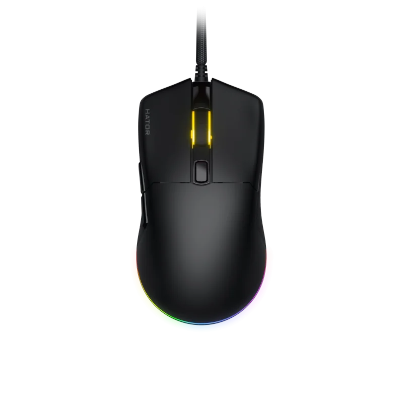 Mouse gaming cu fir Hator Pulsar 3, conectivitate USB, polling rate pana la 1000Hz, senzor Optical PixArt PMW 3311, rezolutie maxima 12000 DPI, switch HATOR® Optical 100M, iluminare RGB 16.8M culori, side switch Kailh 3M, negru