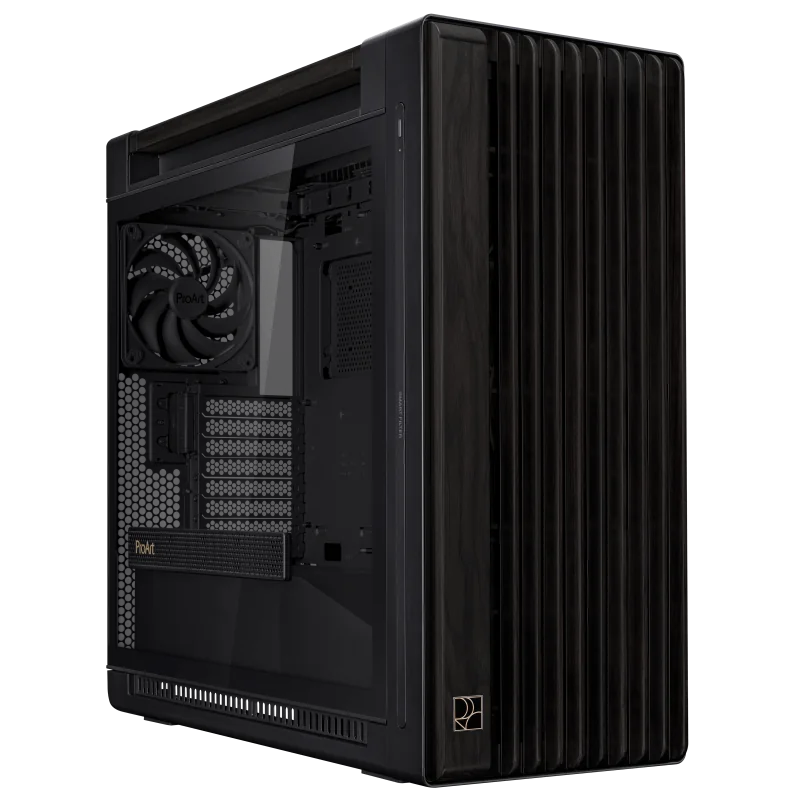 Carcasa ASUS PROART PA602 WOOD EDITION Mid Tower ARGB NEGRU, Tempered Glass, Sloturi Expansiune 8+2 aditional verticale, Drive Bays: 4x3.5"/2.5" 4x2.5", Ventilatoare Suportate: 6 (spate: 1x120mm sau 1x140mm, fata: 2x200mm, sus: 3x120mm sau 3x140mm),