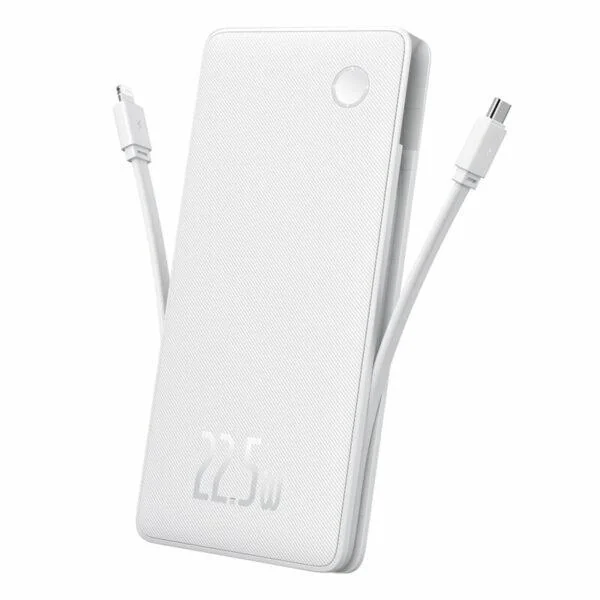 Baterie externa Baseus Airpow lite, 10000mAh, 22.5W, 1 x USB; 1 cablu x USB Type-C, 1 cablu x Iphone Lightning, total 3A, alb