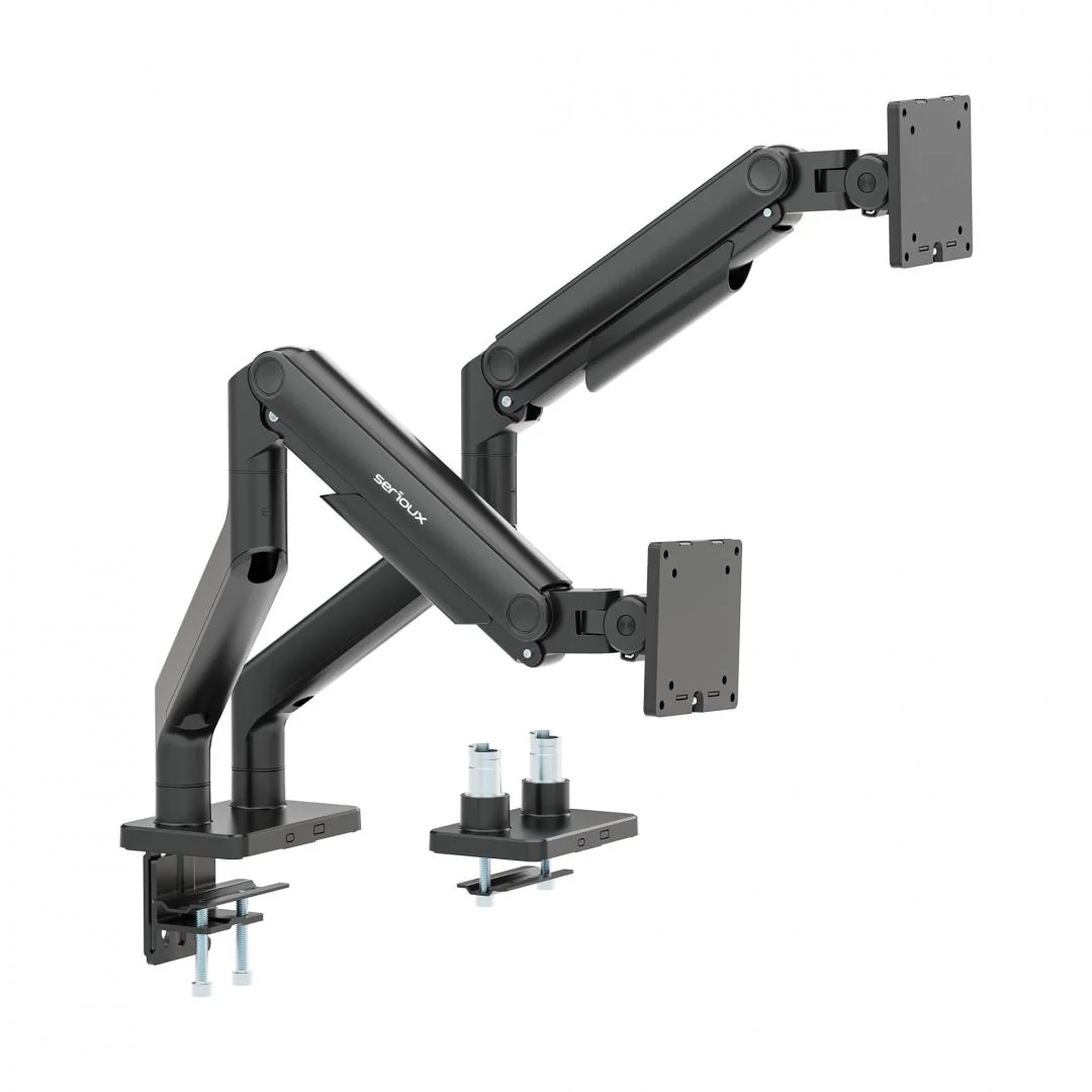 Suport 2 monitoare Serioux MM74-C024, tehnologie arc, compatibilitate  dimensiune ecran 17"-45", greutate maximă suportata: (per ecran): 20kg, VESA: 75x75, 100x100, inclinare: +50°~-20°, pivotare: +90°~-90°