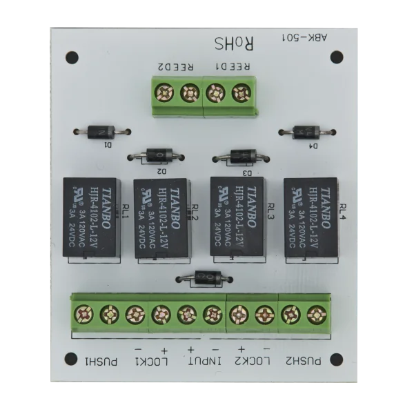 Modul electronic pentru doua usi cu incuietori tip fail-safe cu monitorizare sau buton.