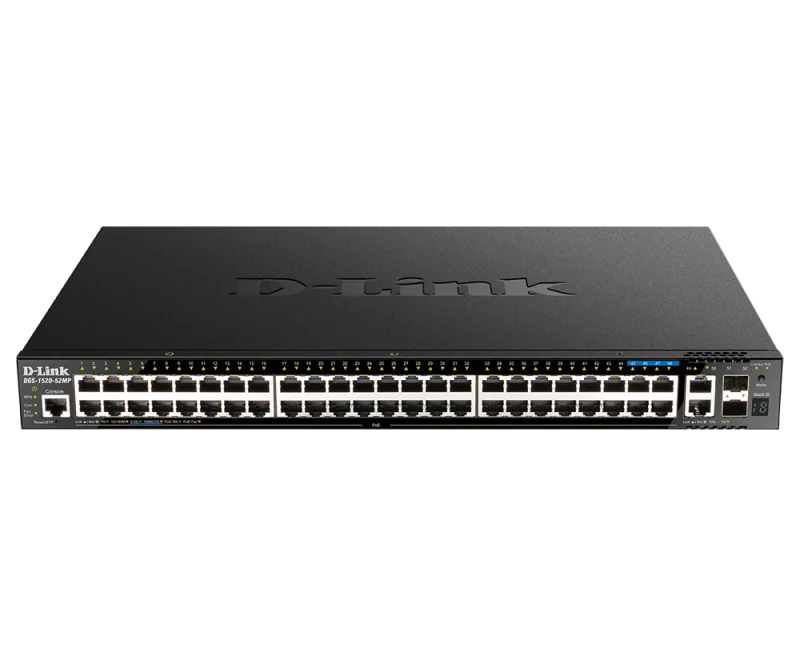 Switch D-Link DGS-1520-52MP, 48 porturi Gigabit, 2 porturi SFP+, Capacity 80Gbps, 16K MAC, 17" Rackmount, 1*fan