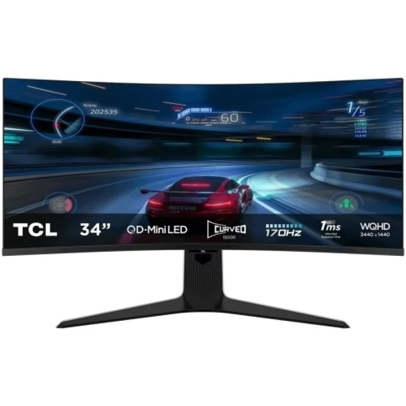 Monitor TCL 34" 34R83Q, Curvature: 1500R, Diagonal (inch): 34, Diagonal (cm): 86, Aspect ratio: 21:9, Panel: QD-Mini LED, Resolution: 3440x1440, Refresh Rate: 170Hz, Response time GtG: 1ms, Brightness (max): 1600 cd/m², Contrast (static) : 4000:1,