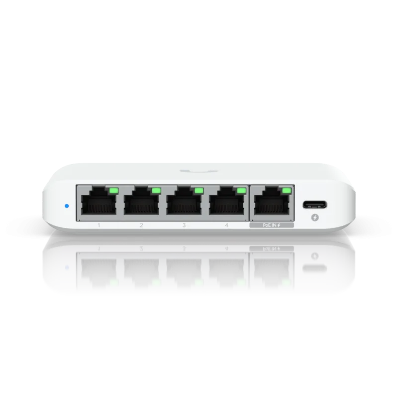 Ubiquiti USW-Flex-2.5G-5, 5 porturi RJ45 1/2.5 GbE, capacitate 25 Gbps, 1 adaptor de alimentare AC, 5V DC, 1A, 1 PoE (PairA 1, 2+; 3, 6-)(PairB 4, 5+; 7, 8-), dimensiuni 117.1 x 90 x 21.2 mm (4.6 x 3.5 x 0.8")