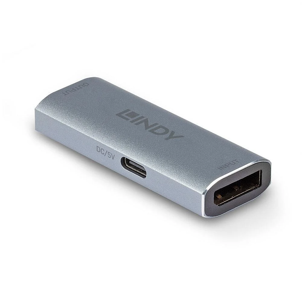 Adaptor Lindy DisplayPort 1.4 Repeater, latime de banda suportata 32.4 Gbps, rezolutie maxima 7680x4320@60Hz 4:4:4 8bit, material aluminiu, gri