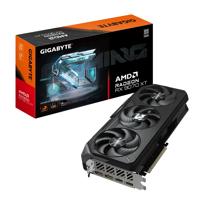 Placă video GIGABYTE GV-R9070XTGAMING OC-16GD, GPU AMD RDNA 4, 16 GB GDDR6 256-bit, PCIe 5.0 x16, frecvență boost OC, ieșiri 3×DisplayPort 2.1 + 1×HDMI 2.1.