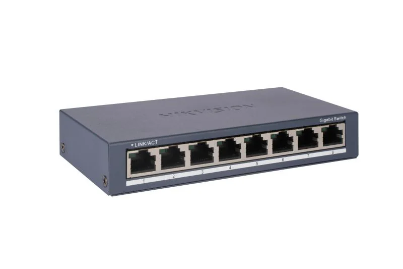 Switch Hikvision DS-3E0508-O: 8 × Gigabit RJ45 port maxim 3W, tensiune alimentare: 5VDC, 0.6A, dimensiuni: 145.00 mm × 25.60 mm × 68.45 mm, greutate: 0.24kg, montare pe birou sau pe perete.