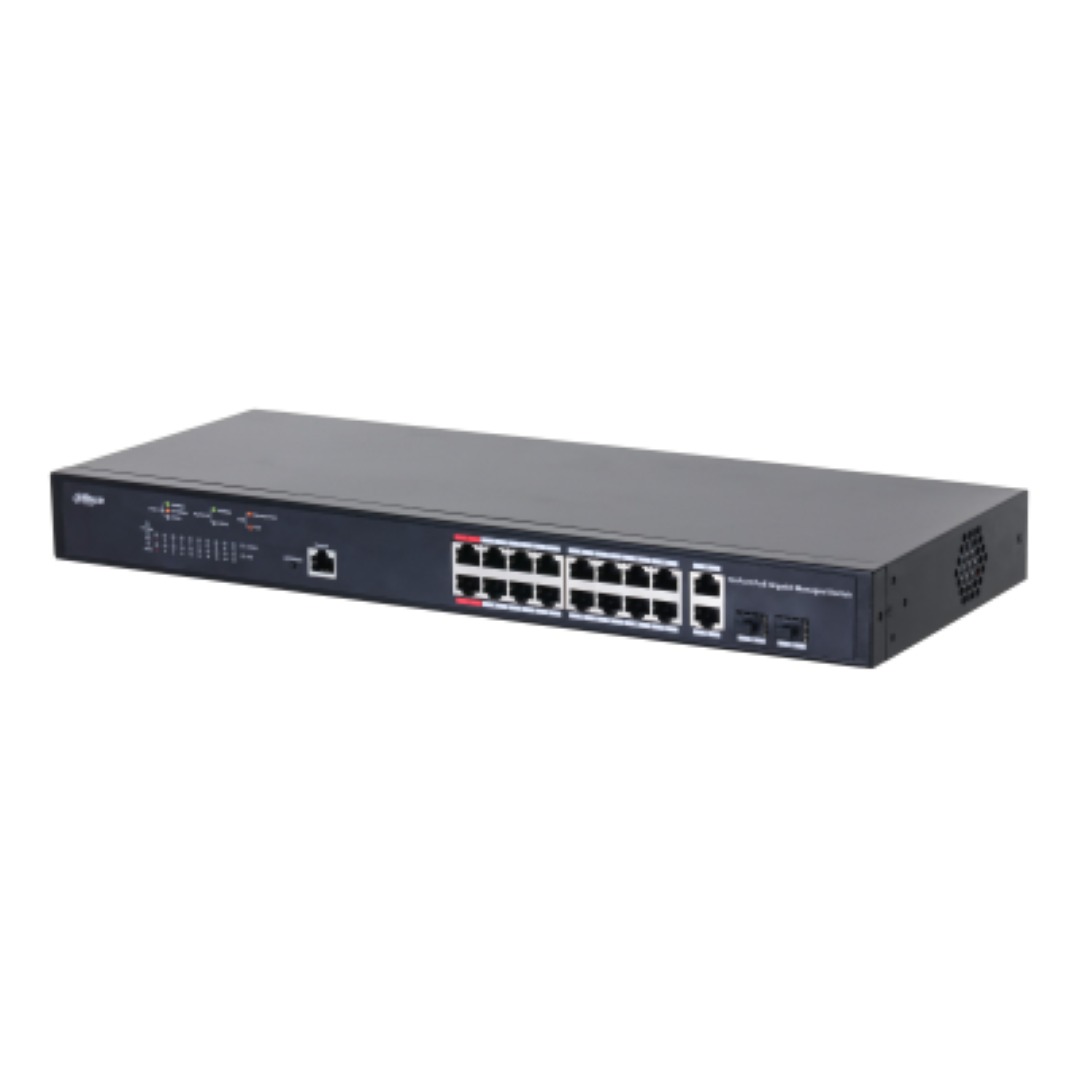 Dahua Managed Switch 18 porturi, 16 porturi POE, Gigabit, Port 1-16:16 × 10M/100M/1000MBase-T (PoE), Port 17-18:2 × 10M/100M/
