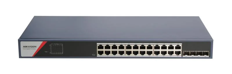 Switch 24 porturi Gigabit Hikvision DS-3E1528-SI-24T4F, 24 x gigabit RJ45 ports, 4 x gigabit fiber optical port, Support DHCP snooping, Support 802.1Q VLAN, Support ACL List, Support STP/ERPS loop prevention, storm control, Support ARP Anti-Spoofing,