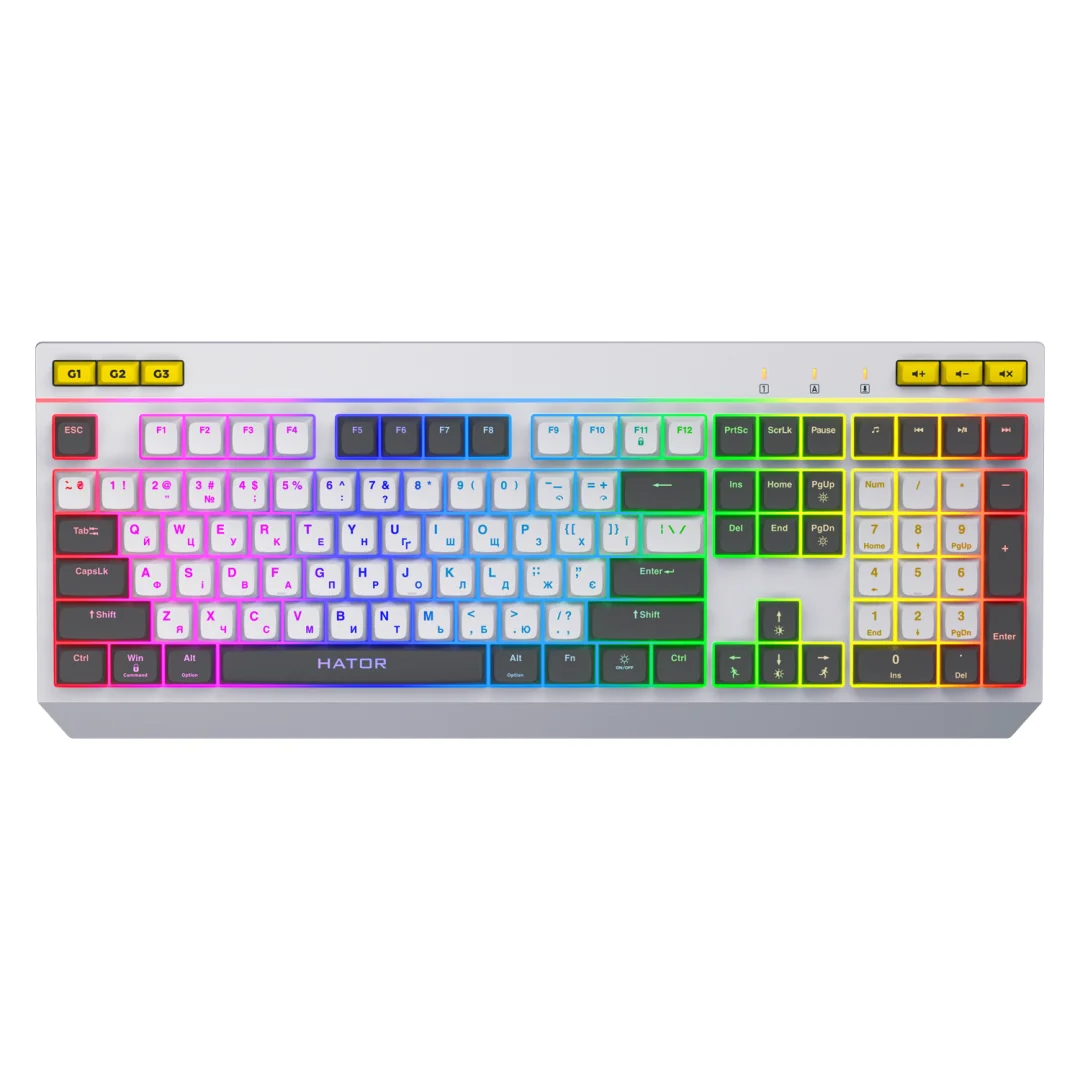 Tastatura membrana cu fir Hator Icefall, conectivitate USB, polling rate 1000Hz, iluminare RGB pentru 8 zone diferite, tip switch membrana, material taste ABS cu gravare laser si acoperire UV, alb