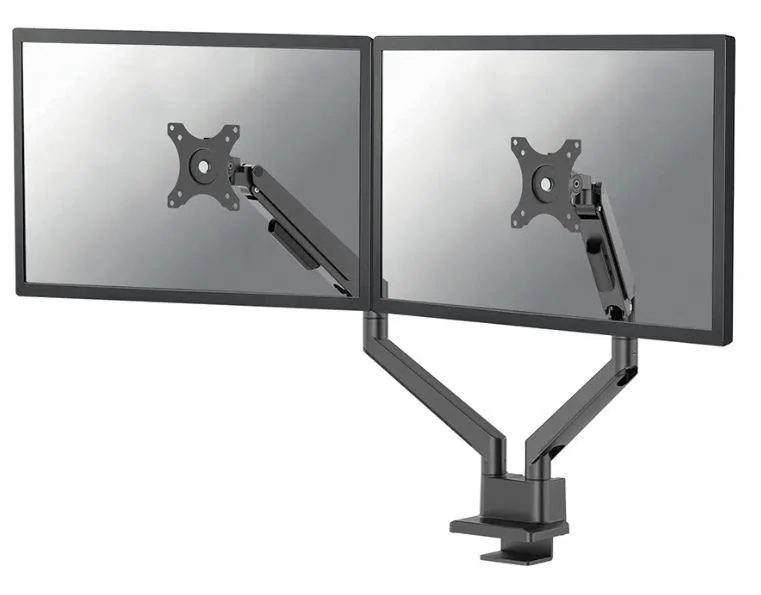 Brat dublu pentru monitor Neomounts, tip full motion, pentru display-uri cu diagonale 17"-32", sistem de prindere VESA 75x75~100x100mm, greutate maxima suportata 9 kg per ecran, tilt +45°, -45°, swivel +90°, -90°, rotate +180°, -180°, reglabil pe