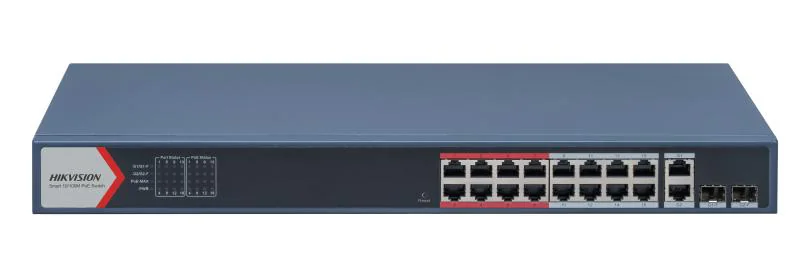 Switch 16 porturi POE Hikvision DS-3E1318P-EI(B), L2, Smart Managed, 16 × 100 Mbps PoE RJ45 ports si 2 × porturi gigabit, Putere PoE 230W, maxim 30W per port, Extend mode - pana la 300 metri,  Switching capacity 7.2 Gbps, Visualized Topology Management,