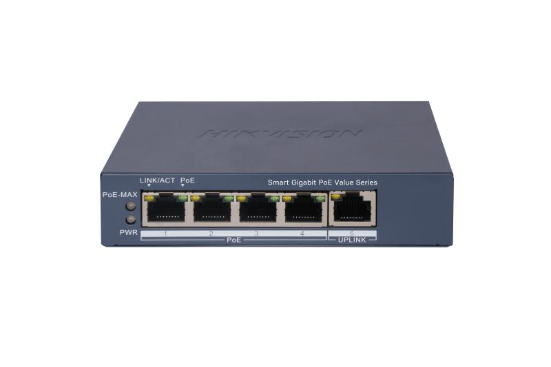 Switch PoE Hikvision DS-3E1505P-EI/M, 4 × Gigabit PoE port,1 × Gigabit RJ45 port, Total PoE Power Budget 45W, Support 802.1Q