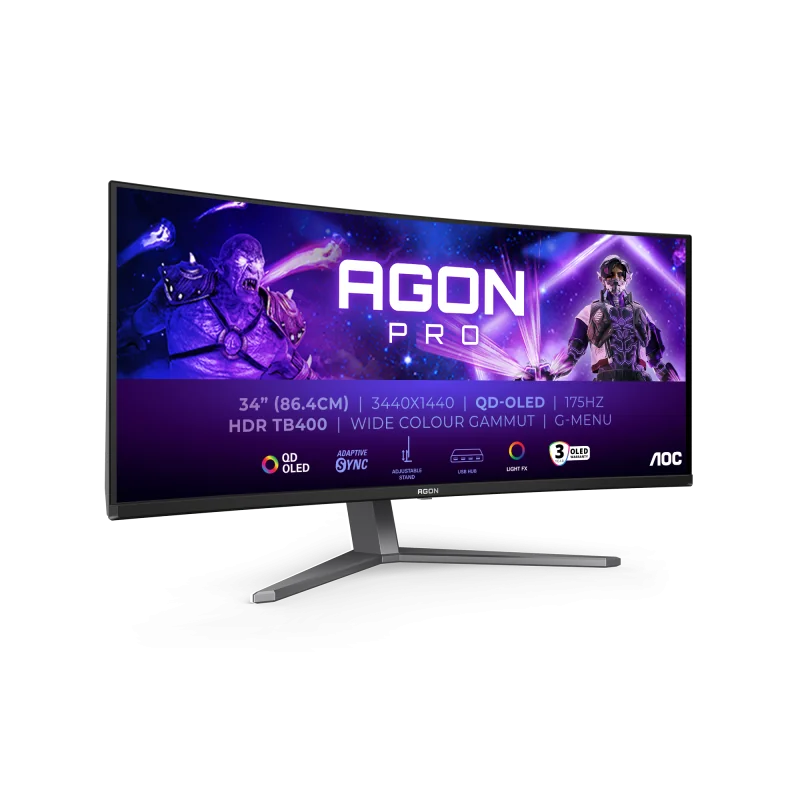 Monitor Aoc 34" AG346UCD, Curvature: 1800R, Diagonal (inch): 34, Diagonal (cm): 86, Aspect ratio: 21:9, Panel: QD-OLED, Resolution: 3440x1440, Refresh Rate: 175Hz, Response time GtG: 0.03ms, Brightness (max): 1000 cd/m², Contrast (static) : 1.5M:1,