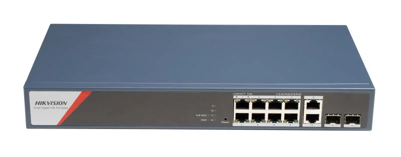 Switch PoE Hikvision DS-3E1512HP-SI-8P2T2F: 8 x 10/100/1000 Mbps PoE Ports, 2 × 10/100/1000 Mbps RJ45, 2 x 10/100/1000 Mbps SFP, 8 porturi PoE maxim 90W, buget PoE 130W, tensiune alimentare: 100-240V~ 50/60Hz 2.5A, dimensiuni: 335 mm × 44.5 mm × 175.8