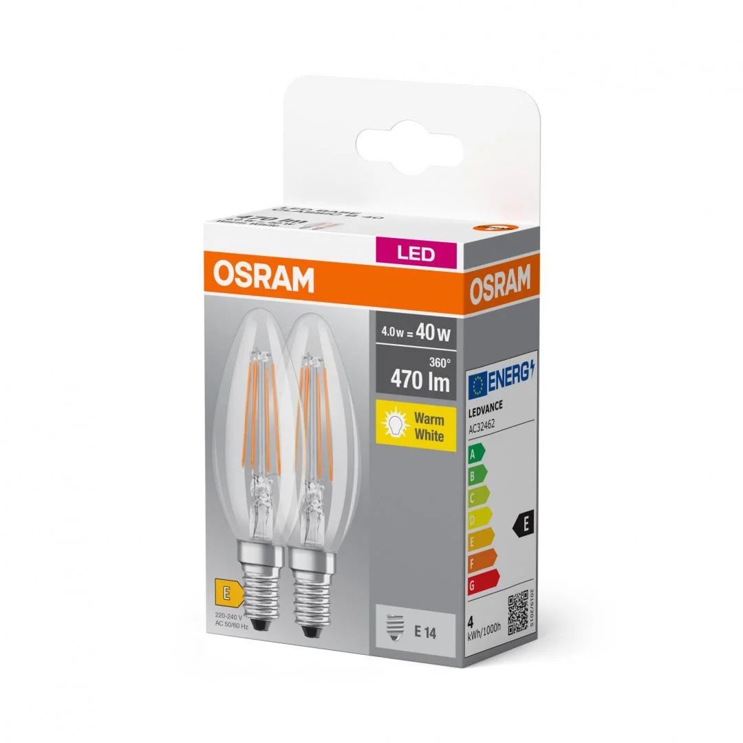 2 Becuri LED Osram Base Classic B, E14, 4W (40W), 470 lm, lumina calda (2700K), cu filament Osram