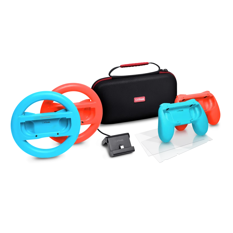 Pachet accesorii Trust pentru conosola Nintendo Switch, pachetul contine: husa de transport, 2 x prinderi Joy-Con, 2 x volan, sticla securizata pentru Switch, sticla securizata pentru Switch OLED, stand de incarcare, cablu USB-C-A, manual de utilizator
