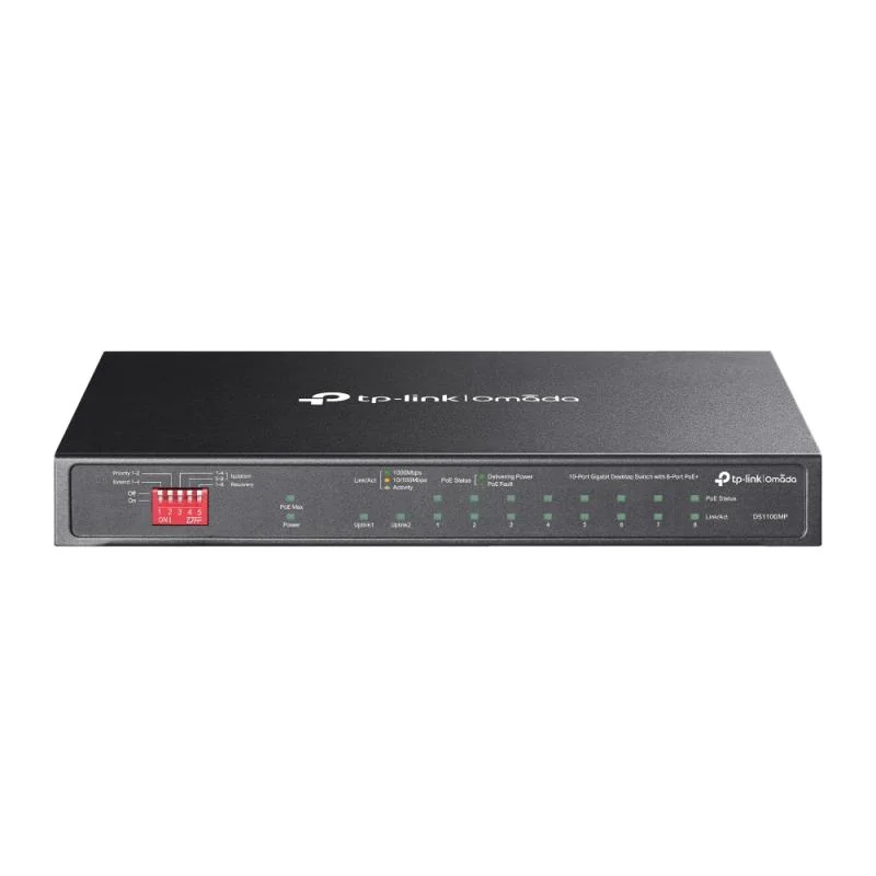 Omada 10-Port Gigabit Desktop Switch with 8-Port PoE+ PORT: 8× Gigabit PoE+ Ports, 2x Gigabit Non-PoE Ports, 1× Combo Gigabit SFP Slot SPEC: 802.3at/af, 123 W PoE Power,  Desktop Steel Case FEATURE: Extend Mode for 250m PoE Transmitting, Priority Mode
