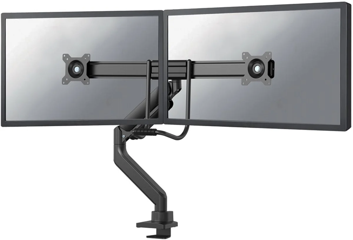 Brat dublu pentru monitor Neomounts, tip full motion, pentru display-uri cu diagonale 17"-32", sistem de prindere VESA 75x75~100x100mm, greutate maxima suportata 8kg per ecran, tilt +10°, -10°, swivel +90°, -90°, rotate +180°, -180°, reglabil pe