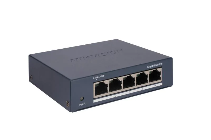 Switch Hikvision DS-3E0505-O: 5 × Gigabit RJ45 ports, 10 Gbps, 1000M network access, alimentare: 5VDC, 0.6A, dimensiuni: 105.00 mm × 27.60 mm × 83.10 mm, greutate: 0.17kg, montare pe birou sau pe perete.