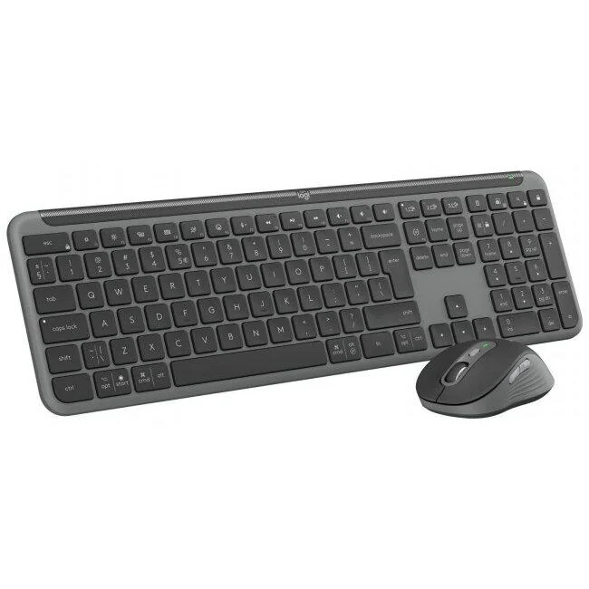 Kit wireless Logitech MK950 Signature Slim Combo, rezolutie mouse 4000 dpi, baterii mouse 1x AA (inclusa), tastatura wireless 2.4 GHz, baterii 2 x AA (incluse), gri Logitech
