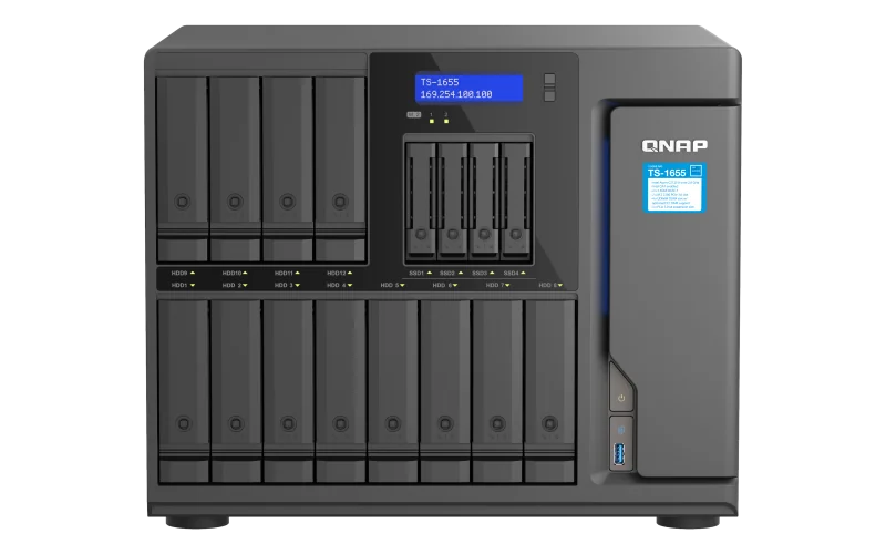 NAS QNAP 1655 16-Bay, CPU Intel® Atom® C5125 8-core/8-thread Processor, RAM 8GB DDR4 Long-DIMM non-ECC  (1x 8GB), Max. 256GB ( 4 x 64G, ECC supported), 12 x 3.5"/2.5" SATA 6Gb/s HDD/SSD bay + 4 x 2.5" SATA 6Gb/s SSD bay + 2 x M.2 2280 PCIe Gen 3 x2 SSD