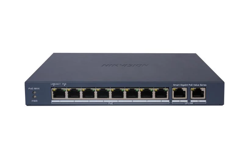Switch 8 porturi Gigabit, Hikvision DS-3E1510P-EI/M, 8 × gigabit PoE ports, and 2 × Gigabit RJ45, IEEE 802.3af,IEEE 802.3at,  MAC address table: 4 K, PoE power budget 60W (Max. port power 30W), material metal, dimensiuni: 217.6 mm × 27.6 mm × 108.5 mm,