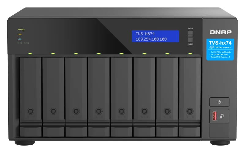 NAS QNAP H874 8-Bay, CPU Intel® Core™ i7 12-core 20-thread Processor, RAM 32GB (2x 16GB) DDR4 SODIMM (Max. 64GB), 8 x 2.5"/3.5" SATA 6Gbps + 2 x M.2 2280 NVMe HDD (neincluse),  LAN: 2 x 2.5GbE (2.5G/1G/100M/10M), Tower, Single PSU, 350W, garantie 3 ani