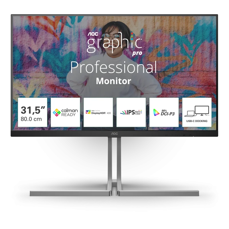"Monitor AOC 31.5"" U32U3CV, Diagonal (inch): 31.5, Diagonal (cm): 80, Aspect ratio: 16:9, Panel: IPS, Resolution: 3840x2160, Refresh Rate: 60Hz, Response time GtG: 4ms, Brightness (max): 400 cd/m², Contrast (static) : 1000:1, Contrast (dynamic): 50M:1,