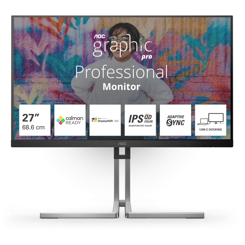 "Monitor AOC 27"" Q27U3CV, Diagonal (inch): 27, Diagonal (cm): 69, Aspect ratio: 16:9, Panel: QD-IPS, Resolution: 2560x1440, Refresh Rate: 75Hz, Response time GtG: 4ms, Brightness (max): 420 cd/m², Contrast (static) : 1000:1, Contrast (dynamic): 50M:1,