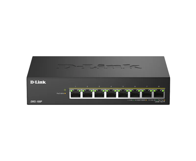 Switch DLink DMS-108P, 8 porturi, PoE, 8 x RJ-45, Auto MDI/MDIX adjustment for all ports, viteza de transfer LAN 2.5 Gbps, capacitate 40 Gbps
