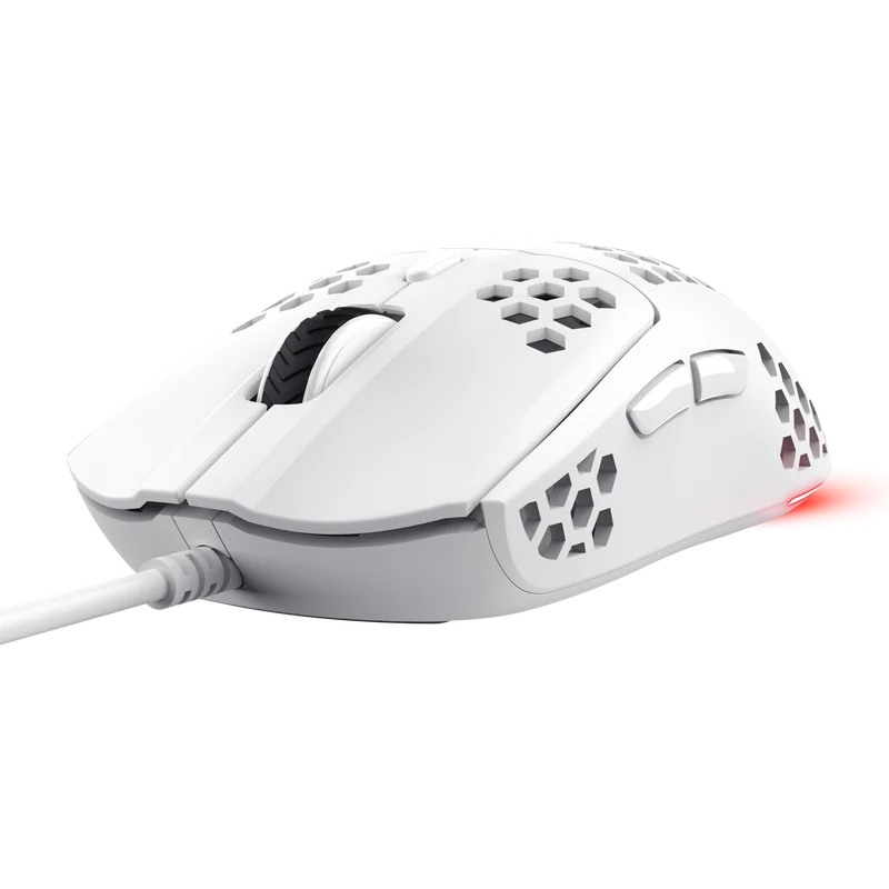 Mouse cu fir Trust GXT 928W Helox, rezolutie maxima 6400 DPI, 6 butoane, interfata USB-A, alb