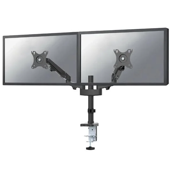 Brat de birou pentru monitor Neomounts, poate sustine 2 monitoare cu diagonala display 17-27", suporta pana la 14kg per monitor, full motion, +45°, -45° inclinatie, +90°, -90° swivel, +180°, -180° rotatie,  VESA min 75x75, VESA max 100x100, reglabil pe