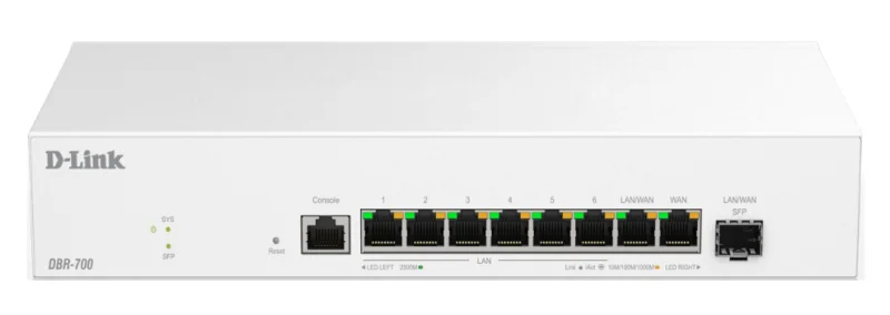 Router de afaceri D-Link DBR-700, 2.5G dual WAN, echilibrare incarcare si failover, VPN (IPSec, WireGuard, OpenVPN, PPTP, L2TP), firewall SPI, port SFP, management AP central pentru pana la 15 AP-uri