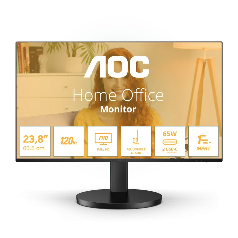 Monitor AOC 23.8" 24B3CF2, Diagonal (inch): 23.8, Diagonal (cm): 60, Aspect ratio: 16:9, Panel: IPS, Resolution: 1920x1080, Refresh Rate: 120Hz, Response time GtG: 4ms, Response time MPRT: 1ms, Brightness (max): 300 cd/m², Contrast (static) : 1500:1,
