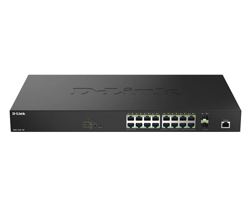 D-Link DMS-1250-18P/E. Switch type: Managed, Switch layer: L2. Basic switching RJ-45 Ethernet ports type: 2.5G Ethernet (100/1000/2500), Basic switching RJ-45 Ethernet ports quantity: 16. MAC address table: 16000 entries, Switching capacity: 120 Gbit/s.