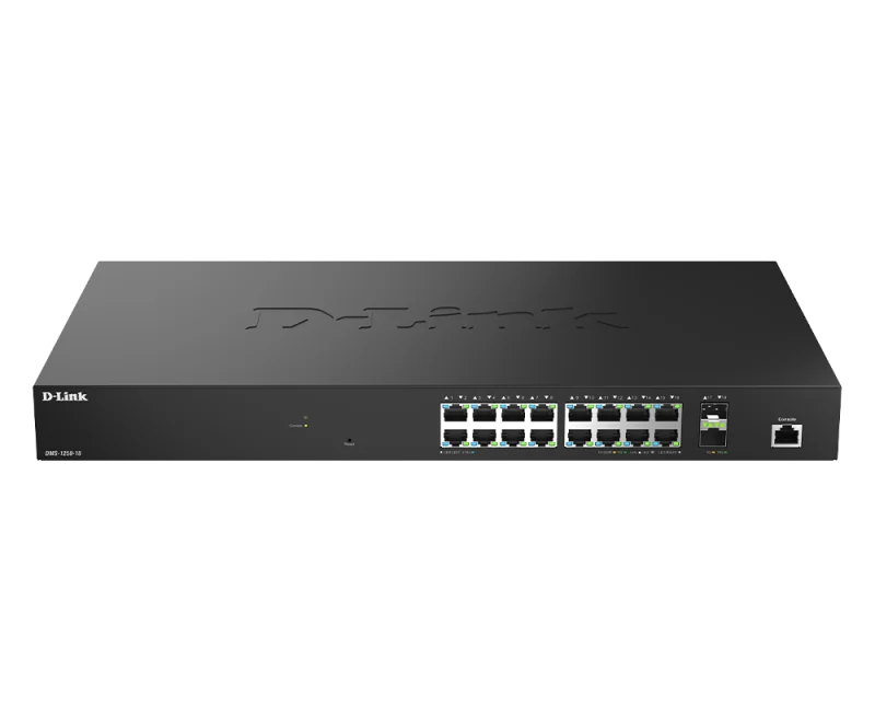 D-Link DMS-1250-18/E. Switch type: Managed, Switch layer: L2. Basic switching RJ-45 Ethernet ports type: 2.5G Ethernet (100/1000/2500), Basic switching RJ-45 Ethernet ports quantity: 16. MAC address table: 16000 entries, Switching capacity: 120 Gbit/s.