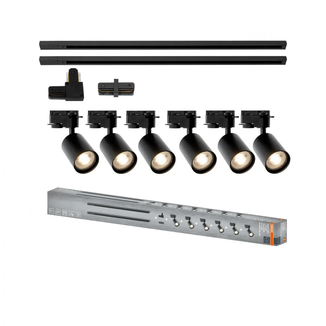 Sistem complet TRACKLIGHT OSRAM Elemental cu 6 proiectoare cu soclu GU10 si 2 sine monofazate de 1 metru, 1 conector liniar, 1 conector tip L, Negru