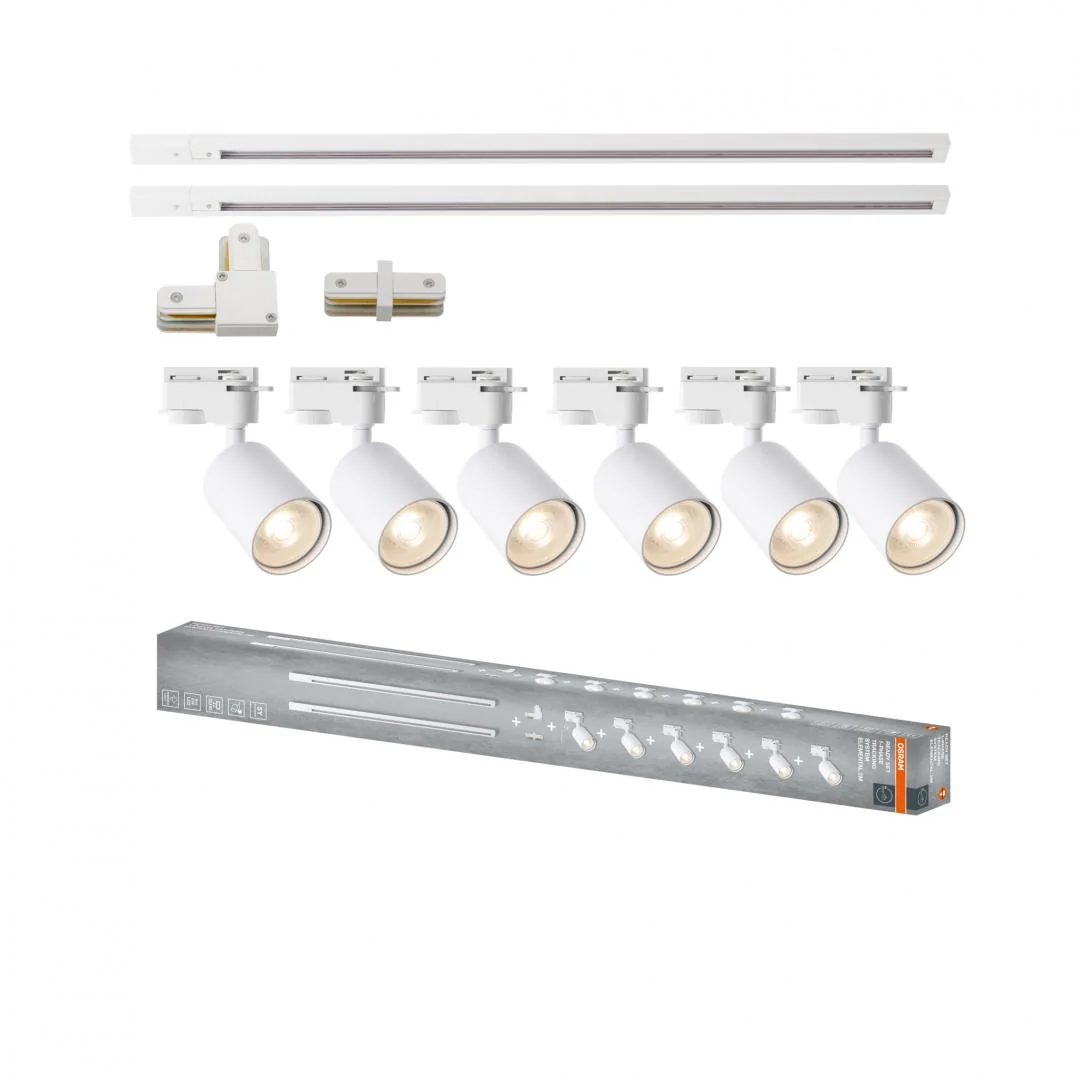 Sistem complet TRACKLIGHT OSRAM Elemental cu 6 proiectoare cu soclu GU10 si 2 sine monofazate de 1 metru, 1 conector liniar, 1 conector tip L, Alb