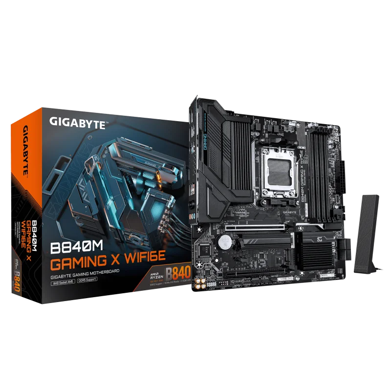 GIGABYTE B840M GAMING X WIFI6E. Processor manufacturer: AMD, Processor socket: Socket AM5, Compatible processor series: AMD Ryzen 7000 Series, AMD Ryzen 8000 Series, AMD Ryzen 9000 Series. Supported memory types: DDR5-SDRAM, Maximum internal memory: 256